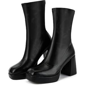 Putu Womens Size 7.5 Black Faux Leather 3.75" Platform Block Heel Pull On Boots